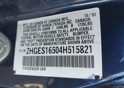 2004 Honda Civic Lx from USA, damaged, VIN 2HGES16504H515821